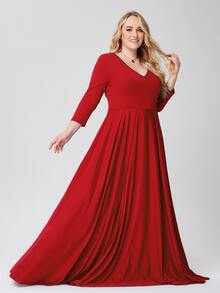 Plus V Neck Pleated Hem Prom Dress - Red - View 4