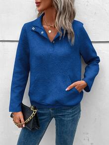 SHEIN LUNE Sudadera de cuello polo de manga raglán - Azul - Ver 3