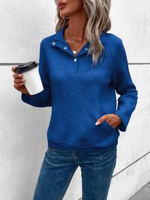 SHEIN LUNE Sudadera de cuello polo de manga raglán - Azul - Ver 5