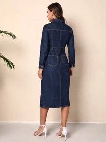 Dual Pocket Button Front Denim Dress - Dark Wash - View 2