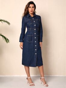Dual Pocket Button Front Denim Dress - Dark Wash - View 3