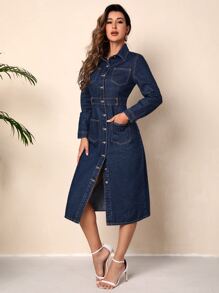 Dual Pocket Button Front Denim Dress - Dark Wash - View 6