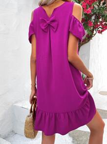SHEIN VCAY Vestido con lazo trasero de hombros descubiertos bajo con fruncido - Rosa Fucsia - Ver 1