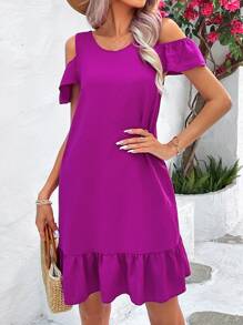 SHEIN VCAY Vestido con lazo trasero de hombros descubiertos bajo con fruncido - Rosa Fucsia - Ver 4