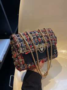 In2024 Plaid Check Thick Woolen Small Crossbody Bag With Chain Strap & Lock Decoration, Suitable For Daily Use, Dating, Party - Multicolor - View 2