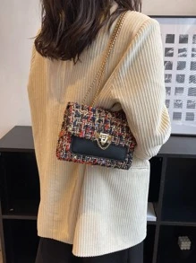 In2024 Plaid Check Thick Woolen Small Crossbody Bag With Chain Strap & Lock Decoration, Suitable For Daily Use, Dating, Party - Multicolor - View 6