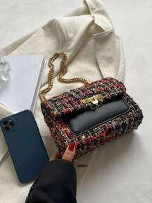 In2024 Plaid Check Thick Woolen Small Crossbody Bag With Chain Strap & Lock Decoration, Suitable For Daily Use, Dating, Party - Multicolor - View 7