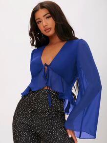 SHEIN Tall Top con cordón delantero bajo con fruncido - azul real - Ver 3