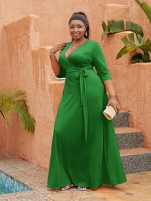 Astrid 大码斜领系带连衣裙 - 綠色 - 查看 4