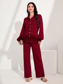 Modelyn Flap Detail Lantern Sleeve Top & Trousers - Burgundy - View 1