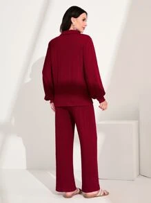 Modelyn Flap Detail Lantern Sleeve Top & Trousers - Burgundy - View 2