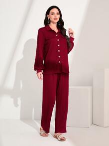 Modelyn Flap Detail Lantern Sleeve Top & Trousers - Burgundy - View 3