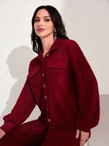 Modelyn Flap Detail Lantern Sleeve Top & Trousers - Burgundy - View 4