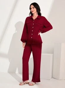 Modelyn Flap Detail Lantern Sleeve Top & Trousers - Burgundy - View 5