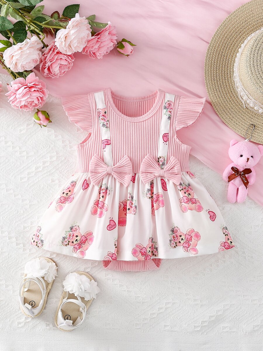 嬰兒卡通小熊印花前蝴蝶結拼接連體衣洋裝 - 彩色 - 查看 1