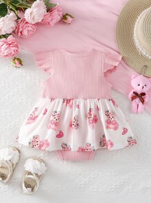 嬰兒卡通小熊印花前蝴蝶結拼接連體衣洋裝 - 彩色 - 查看 2