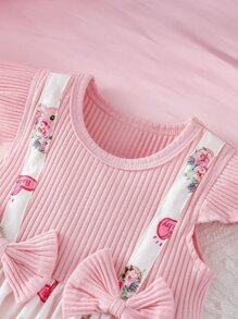 嬰兒卡通小熊印花前蝴蝶結拼接連體衣洋裝 - 彩色 - 查看 3