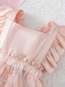 Baby Floral Embroidery Ruffle Trim Mesh Overlay Bodysuit With Headband - Baby Pink - View 3