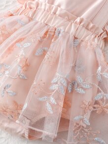 Baby Floral Embroidery Ruffle Trim Mesh Overlay Bodysuit With Headband - Baby Pink - View 4