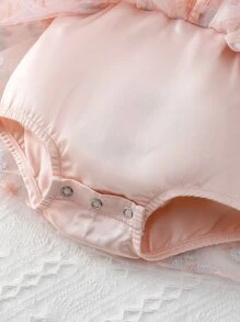 Baby Floral Embroidery Ruffle Trim Mesh Overlay Bodysuit With Headband - Baby Pink - View 5