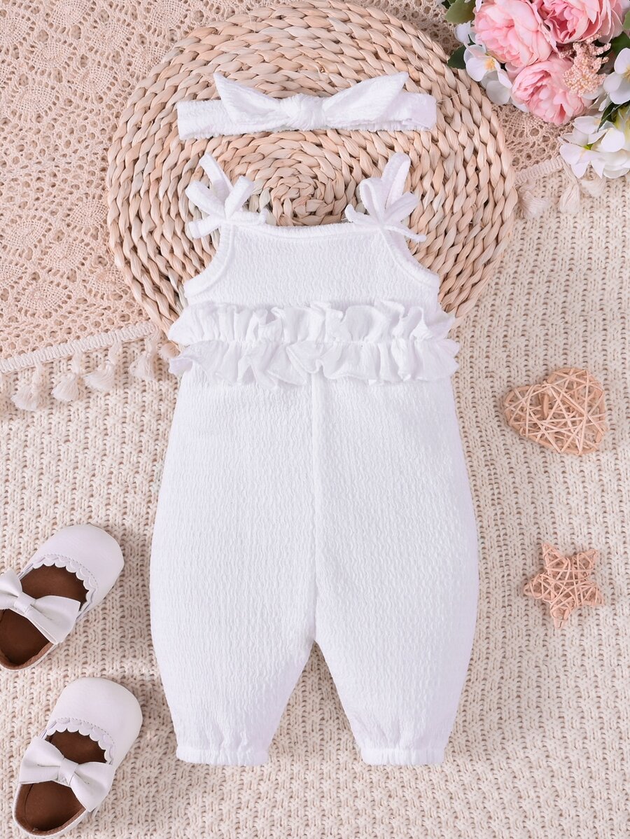 嬰兒女孩荷葉邊蝴蝶結肩帶連身衣和髮帶