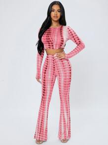 SHEIN PETITE Tie Dye Lettuce Trim Crop Top & Flare Leg Trousers - Pink - View 1
