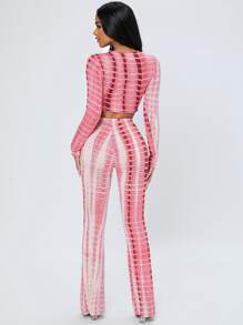 SHEIN PETITE Tie Dye Lettuce Trim Crop Top & Flare Leg Trousers - Pink - View 2