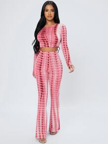 SHEIN PETITE Tie Dye Lettuce Trim Crop Top & Flare Leg Trousers - Pink - View 3