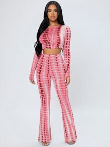 SHEIN PETITE Tie Dye Lettuce Trim Crop Top & Flare Leg Trousers - Pink - View 4