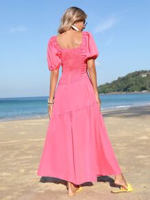 SHEIN VCAY Vestido fruncido trasero de manga farol bajo con fruncido - Rosa Fucsia - Ver 2