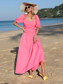 SHEIN VCAY Vestido fruncido trasero de manga farol bajo con fruncido - Rosa Fucsia - Ver 4