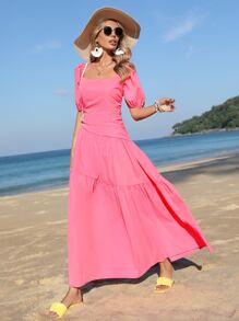 SHEIN VCAY Vestido fruncido trasero de manga farol bajo con fruncido - Rosa Fucsia - Ver 1