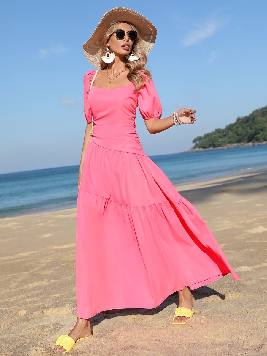 SHEIN VCAY Vestido fruncido trasero de manga farol bajo con fruncido - Rosa Fucsia - Ver 1