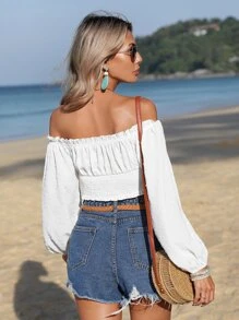 SHEIN VCAY Off Shoulder Frill Trim Lantern Sleeve Crop Beach Blouse - White - View 2