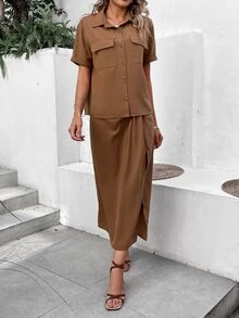 SHEIN VCAY Flap Pocket Button Front Shirt & Ruched Split Thigh Skirt - Coffee Brown - View 6
