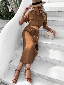 SHEIN VCAY Flap Pocket Button Front Shirt & Ruched Split Thigh Skirt - Coffee Brown - View 3