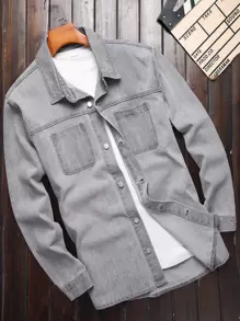 Manfinity Men Plus Dual Pocket Denim Shirt Without Tee - Grey - View 1