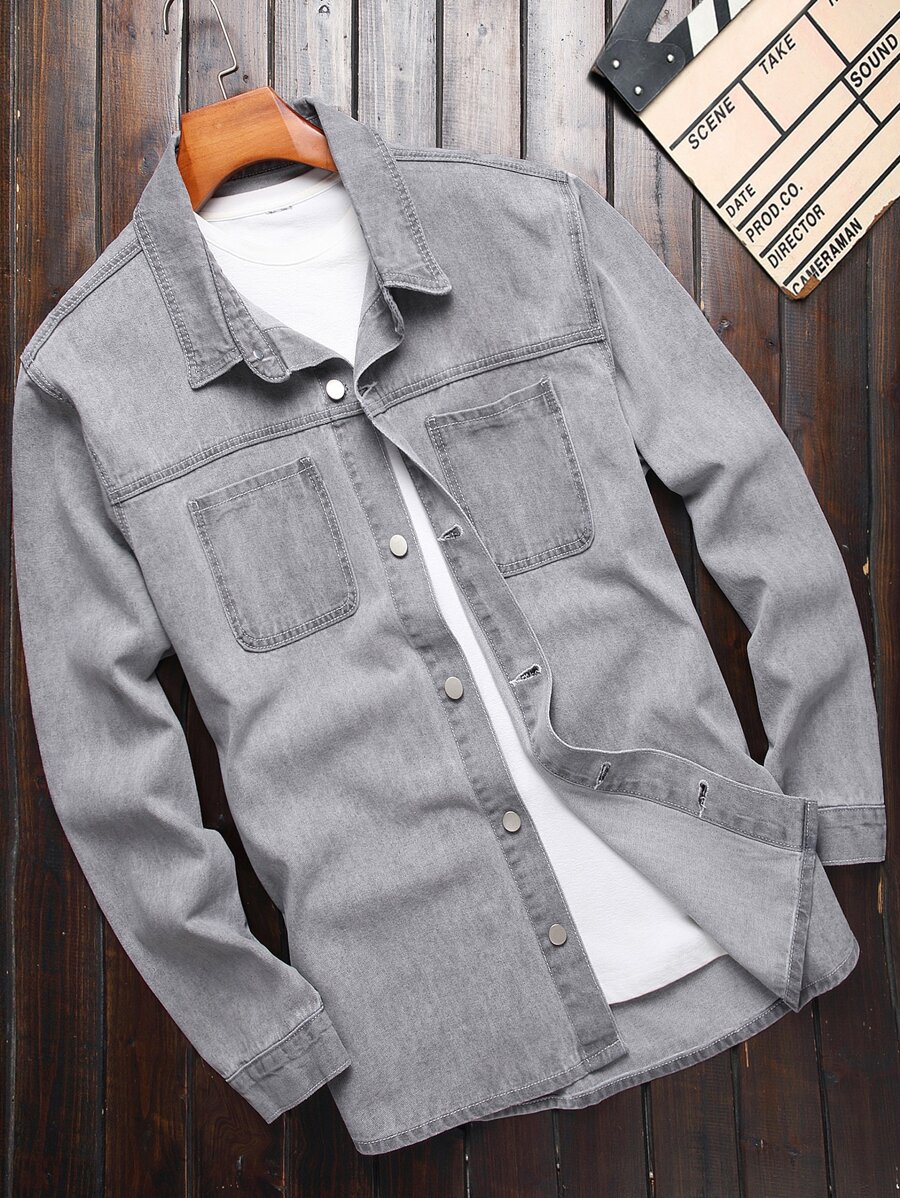 Manfinity Men Plus Dual Pocket Denim Shirt Without Tee - Grey - View 1