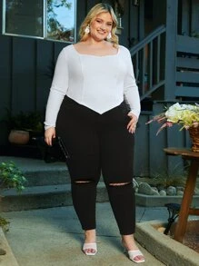 SHEIN CURVE+ Jeans ajustados desgarro de talle alto - Negro - Ver 3