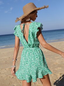 SHEIN VCAY Ditsy Floral Print Ruffle Trim Belted Romper - Green - View 2