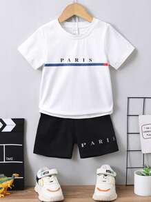 SHEIN 男小童黑色和白色撞色字母圖案短袖T恤和短褲套裝適合夏天