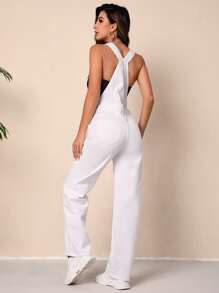 Slant Pocket Denim Dungarees Without Tube Top - White - View 4