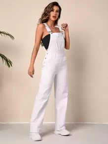Slant Pocket Denim Dungarees Without Tube Top - White - View 1