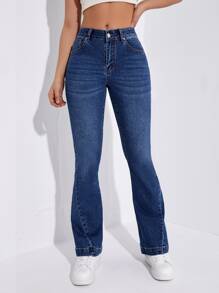 Slant Pocket Flare Leg Jeans - Dark Wash - View 7