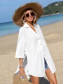 SHEIN VCAY Drop Shoulder Split Hem Button Front Beach Shirt Without Belt - White - View 1