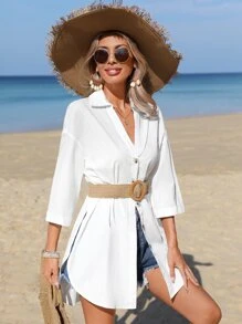 SHEIN VCAY Drop Shoulder Split Hem Button Front Beach Shirt Without Belt - White - View 3