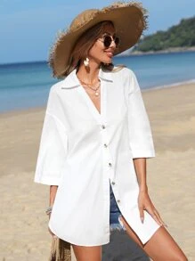 SHEIN VCAY Drop Shoulder Split Hem Button Front Beach Shirt Without Belt - White - View 4