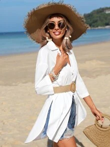 SHEIN VCAY Drop Shoulder Split Hem Button Front Beach Shirt Without Belt - White - View 5
