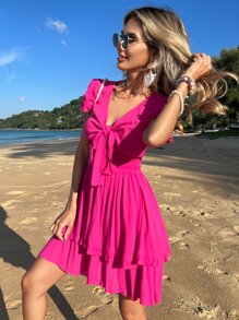SHEIN VCAY Tie Front Ruffle Hem Dress - Hot Pink - View 5