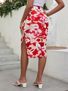 SHEIN Clasi Falda bajo con abertura con estampado floral fruncido - Rojo - Ver 2